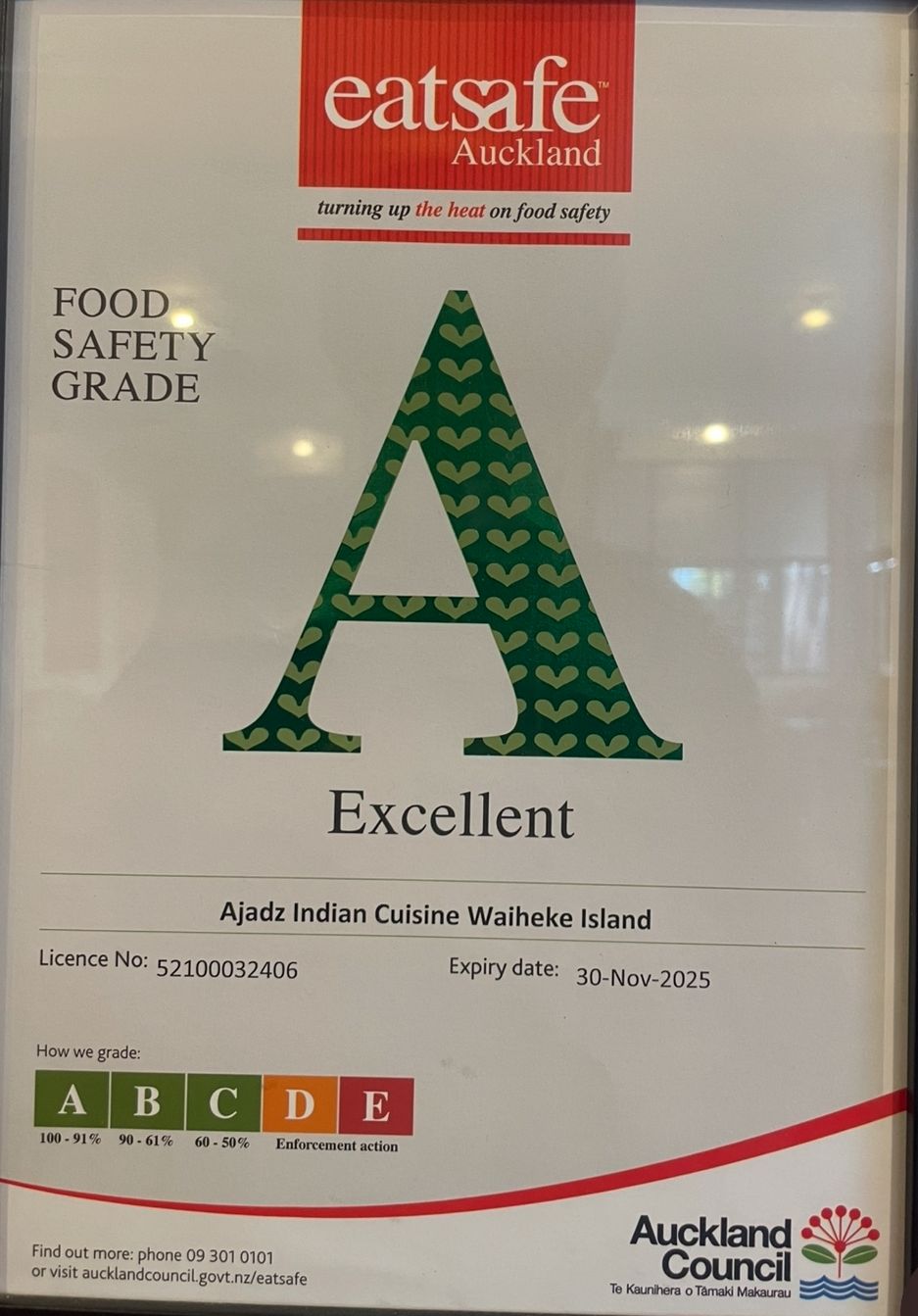 EatSafe Auckland Food Safety Certificate - Ajadz Indian Cuisine Waiheke Island